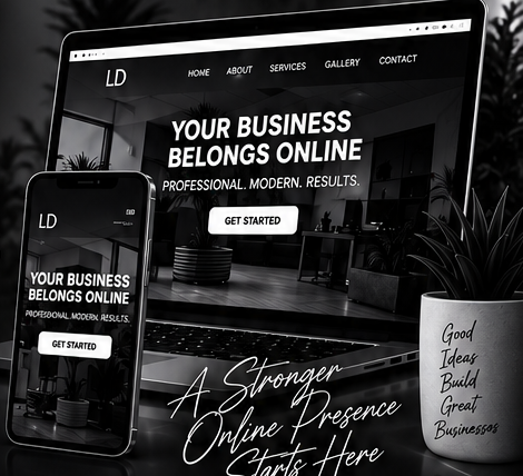 Website design example shown on a laptop and phone with a modern dark business homepage