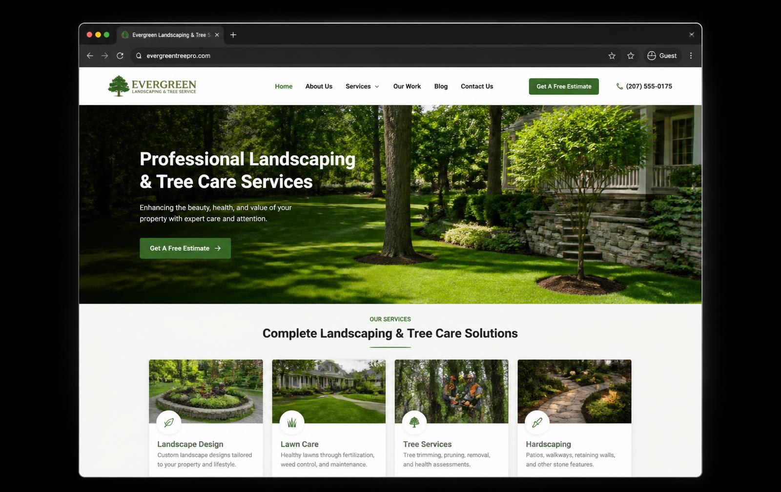 Browser mockup of a landscaping and tree service one-page website